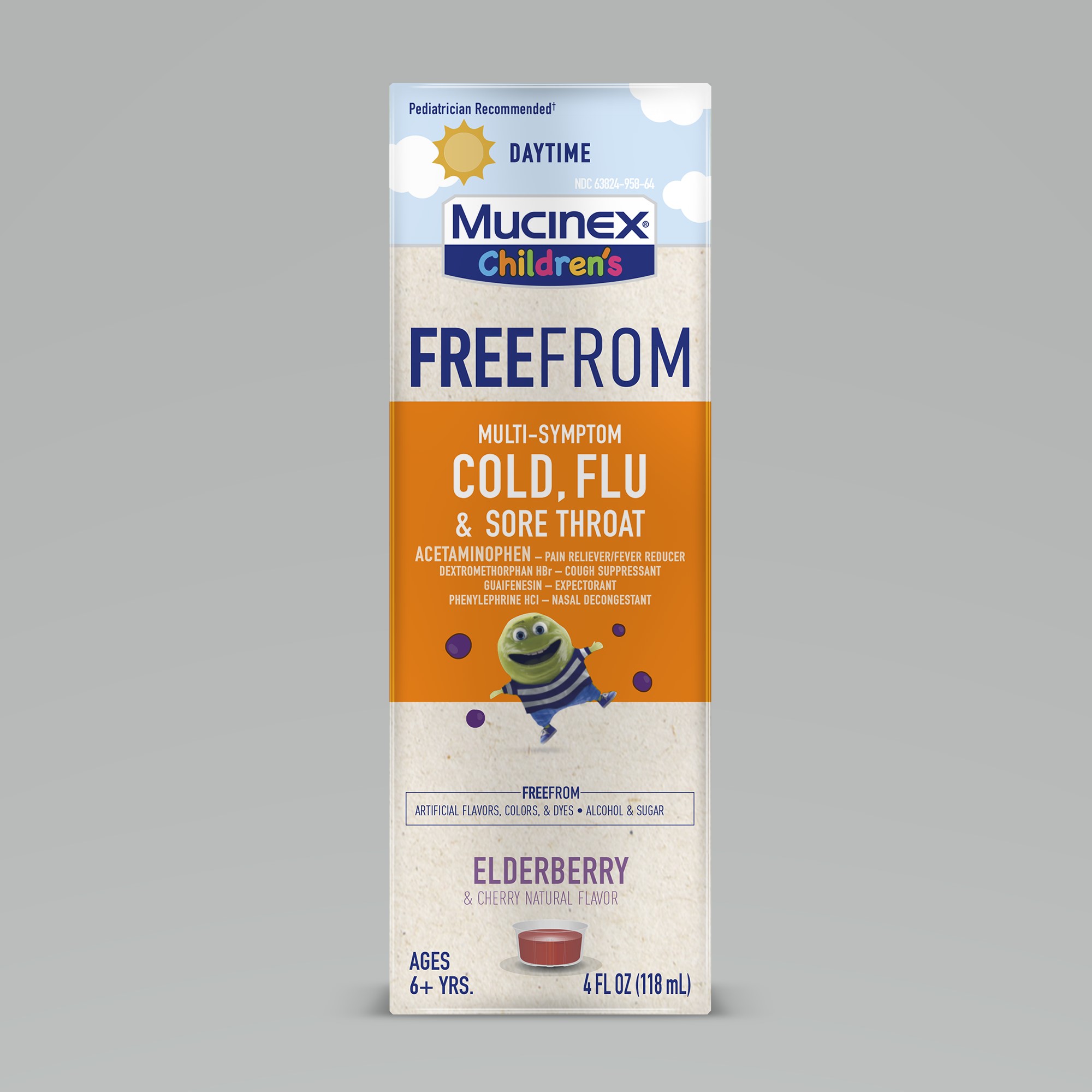 MUCINEX® Children's Liquid - Free From Multi-Symptom Cold, Flu & Sore Throat - Elderberry